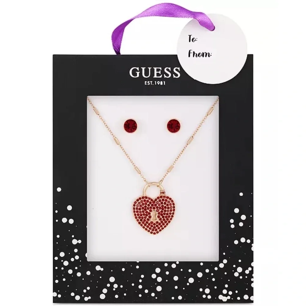 New GUESS 2-Pc. Set Heart Lock Pendant Necklace & Stone Stud Earrings